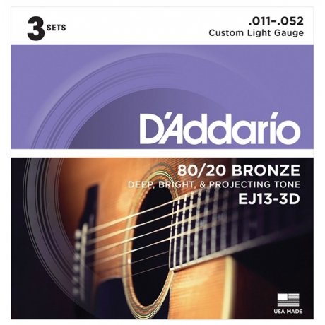 D'Addario EJ-13 3D 80/20 Custom Light Bronze 3'lü Paket Akustik Gitar Teli (.011-.052)<br>Fotoğraf: 1/1