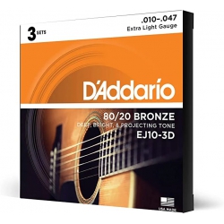 D'Addario EJ10-3D 80/20 Bronze Extra Light 3'lü Paket Akustik Git