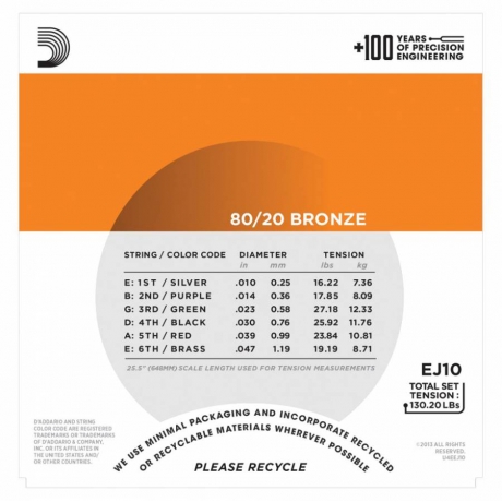 D'Addario EJ10 80/20 Bronze Akustik Gitar Teli (10-47)<br>Fotoğraf: 2/3