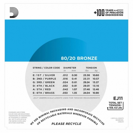 D'Addario EJ11 80/20 Bronze Akustik Gitar Teli (12-53)<br>Fotoğraf: 2/3