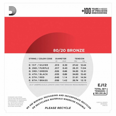 D'Addario EJ12 80/20 Bronze Akustik Gitar Teli (13-56)<br>Fotoğraf: 2/3