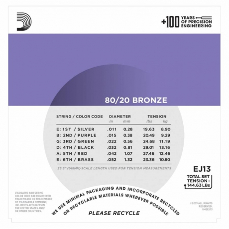 D'Addario EJ13 80/20 Bronze Akustik Gitar Teli (11-52)<br>Fotoğraf: 2/3