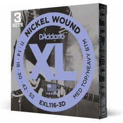 D'Addario EXL116-3D Nickel Wound 3'lü Paket Elektro Gitar Teli (11-52)