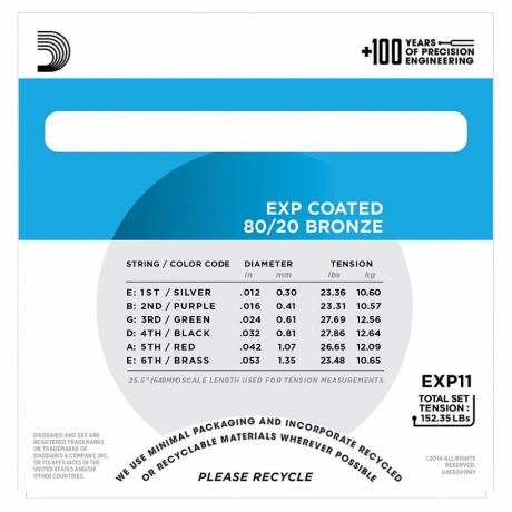 D'Addario EXP11 Light Coated 80/20 Akustik Gitar Teli (12-53)<br>Fotoğraf: 2/3