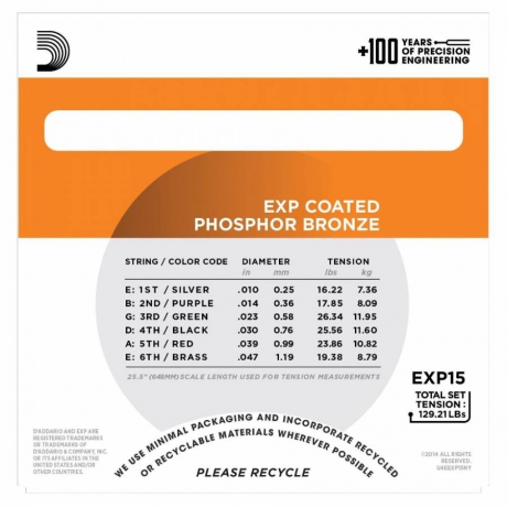 D'Addario EXP15 Coated Phosphor Bronze Akustik Gitar Teli (10-47)<br>Fotoğraf: 2/3