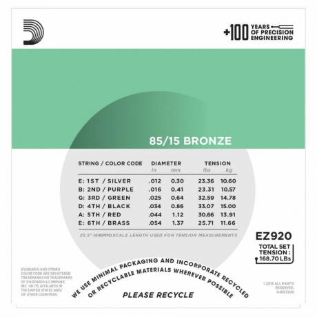 D'Addario EZ920 85/15 Bronze Akustik Gitar Teli (12-54)<br>Fotoğraf: 3/3