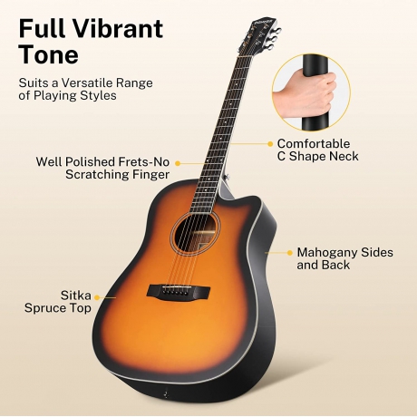 Donner DAG-1CS (EC1020) Cutaway Akustik Gitar Paketi (Sunburst)<br>Fotoğraf: 3/6