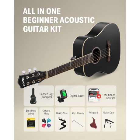 Donner DAT-110D Dreadnought Travel Akustik Gitar Seti (Siyah)<br>Fotoğraf: 4/5