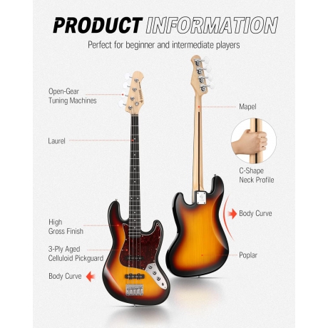 Donner DJB-510D JB-Style Bas Gitar (Sunburst)<br>Fotoğraf: 5/8