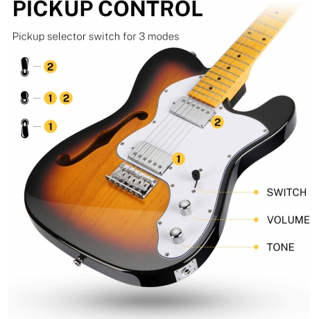 Donner DJC-1000S TL Thinline F Hole Elektro Gitar Paketi (Sunburst)<br>Fotoğraf: 3/6