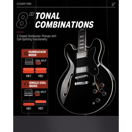 Donner DJP-1000 Semi-Hollow Elektro Gitar (Siyah)<br>Fotoğraf: 4/7