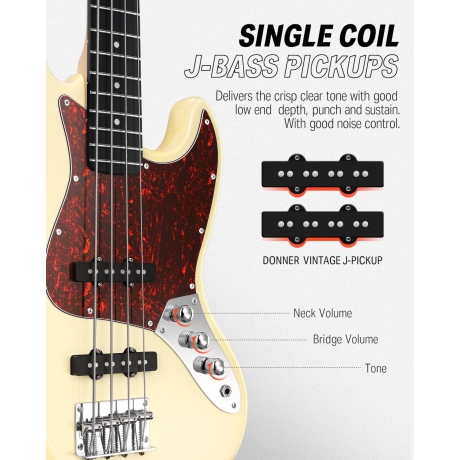 Donner DPB-510R JB-Style Bas Gitar (Vintage White)<br>Fotoğraf: 2/8