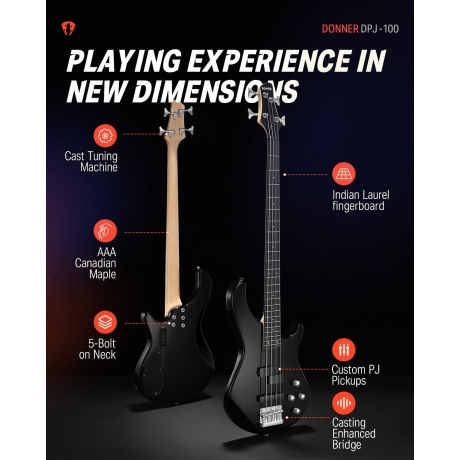 Donner DPJ-100 PJ-Style Bas Gitar (Siyah)<br>Fotoğraf: 4/6