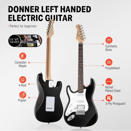 Donner DST-100BL Solak Elektro Gitar Seti (Siyah)<br>Fotoğraf: 2/4