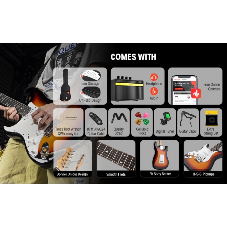 Donner DST-100SL Solak Elektro Gitar Seti (Sunburst)<br>Fotoğraf: 6/6