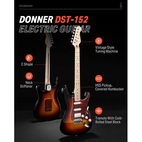 Donner DST-152 Full-Size ST Elektro Gitar Seti (Sunburst)<br>Fotoğraf: 2/6