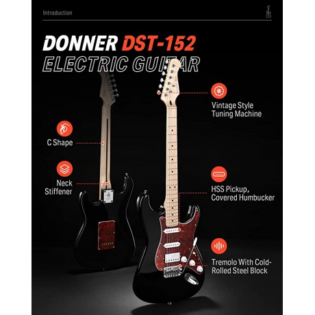 Donner DST-152 Full-Size ST Elektro Gitar (Siyah)<br>Fotoğraf: 2/6