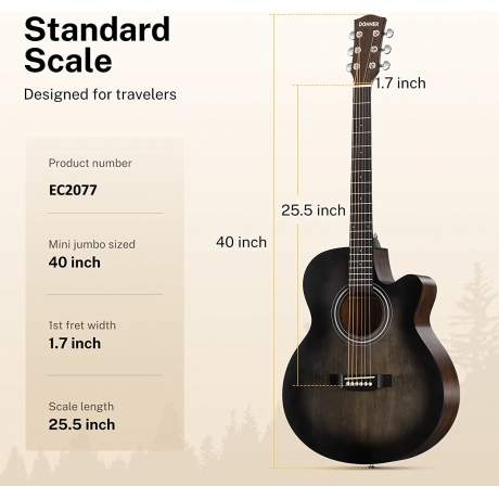 Donner EC2077 Mini Jumbo Cutaway Akustik Gitar Paketi (Transparent Black)<br>Fotoğraf: 5/5
