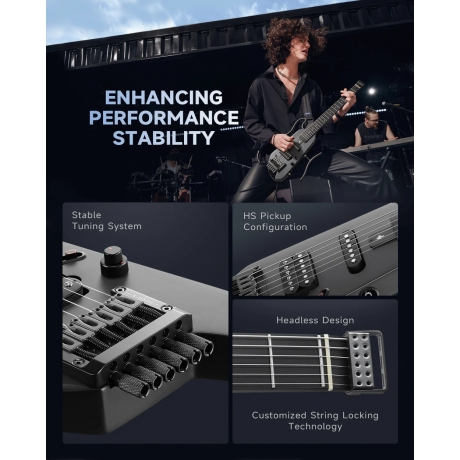 Donner Hush-X Headless Traveller Elektro Gitar (Siyah)<br>Fotoğraf: 8/10