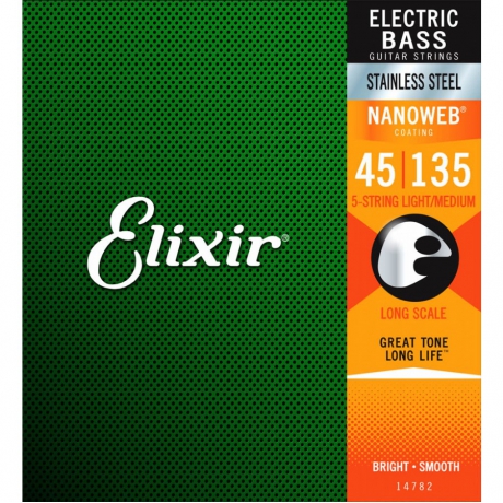 Elixir 14782 Stainless Steel Nanoweb Coated Light Medium 5 Telli Bas Gitar Teli (045-135)<br>Fotoğraf: 1/1
