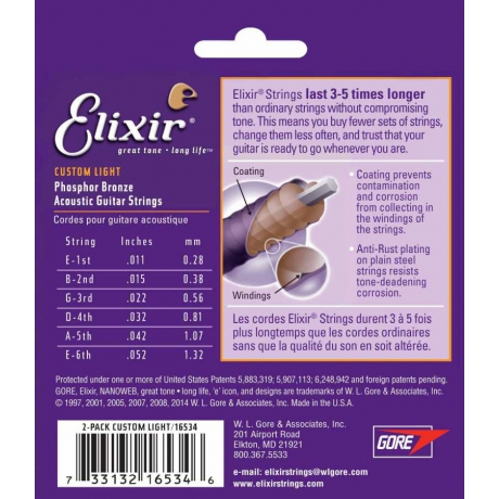 Elixir 16534 Nanoweb Phosphor Bronze 2'li Akustik Gitar Teli (11-52)<br>Fotoğraf: 2/2