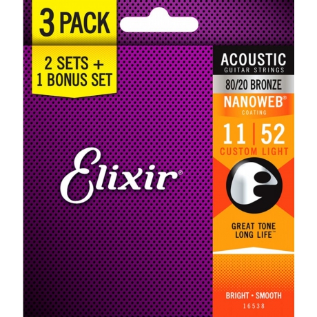 Elixir 16538 Nanoweb Bronz Light 3'lü Akustik Gitar Teli (11-52)<br>Fotoğraf: 1/1