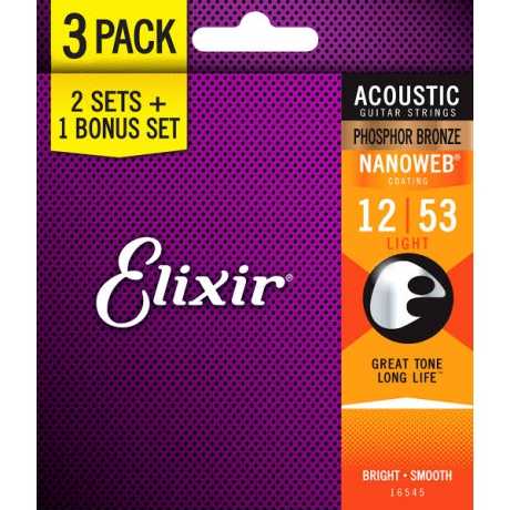 Elixir 16545 Nanoweb Phosphor Bronze 3'lü Akustik Gitar Teli (12-