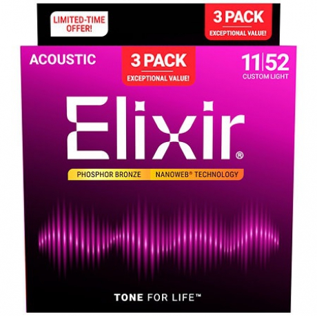 Elixir Nanoweb Phosphor Bronz 3’lü Paket Akustik Gitar Teli (11-52)<br>Fotoğraf: 1/1