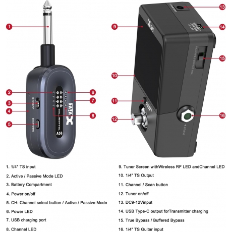 Xvive XV-P58 Akort Aletli Receiver Pedallı 5.8GHZ Kablosuz Gitar Bağlantı Sistemi - Siyah<br>Fotoğraf: 7/7